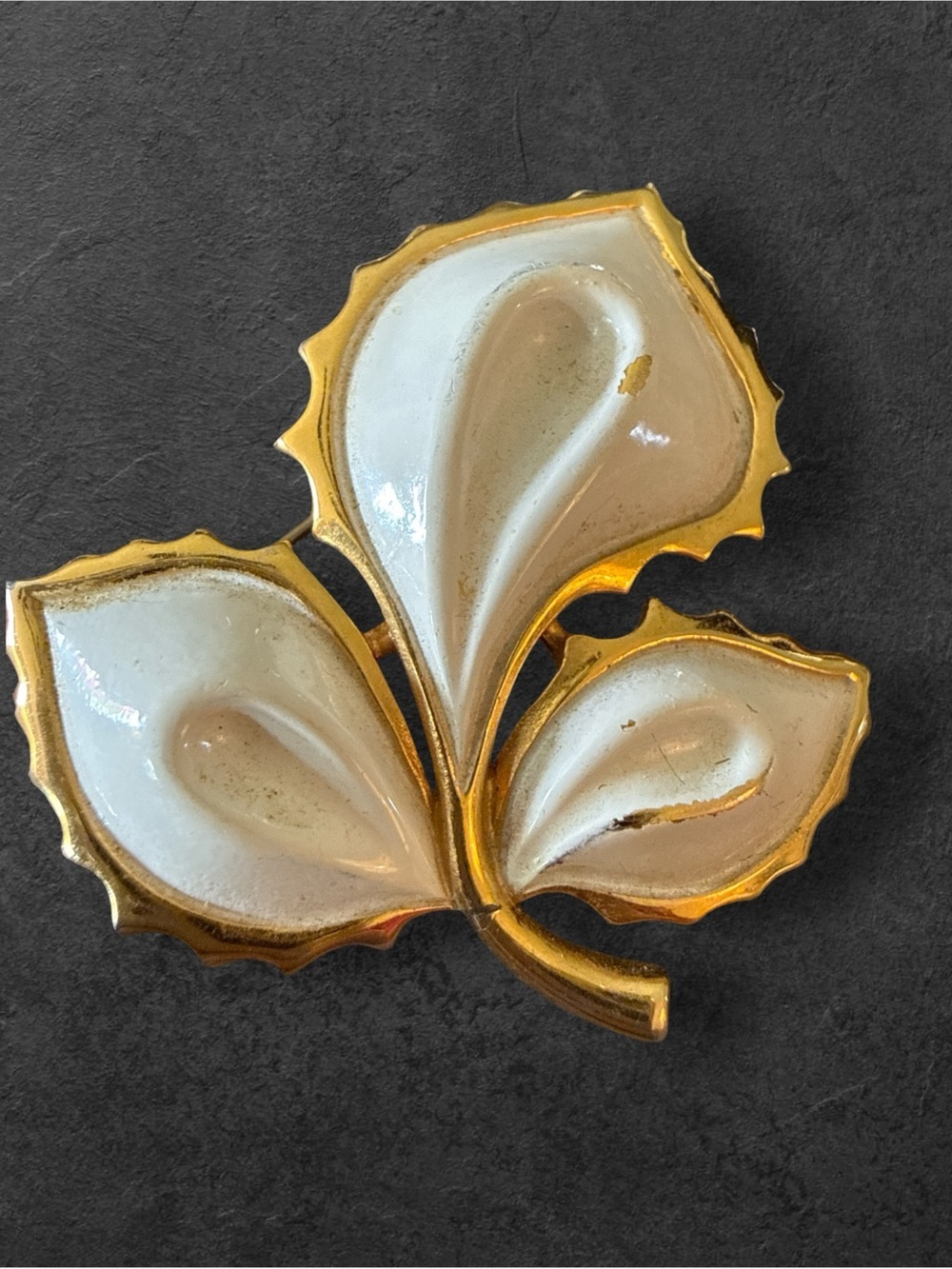 Vintage Monet White Enamel Leaf Brooch Gold Tone Signed Designer Pin